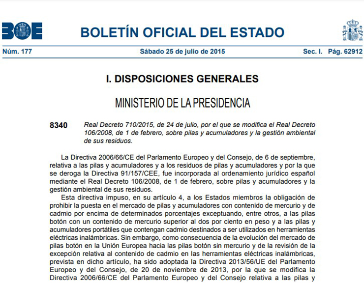 Real decreto tratamiento pilas